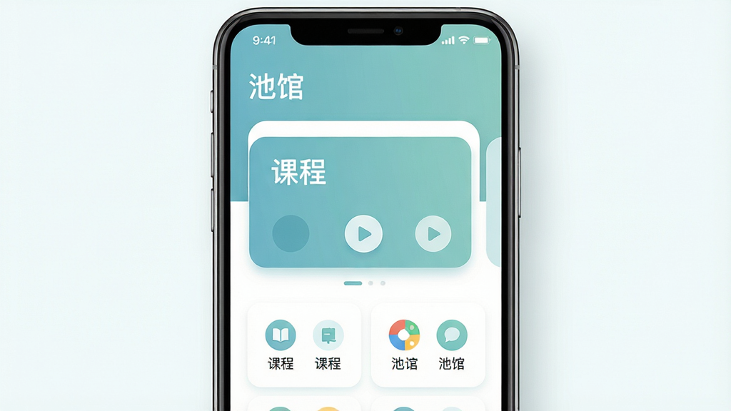 主体为一部智能手机居中放置,屏幕显示语言学习应用界面,包含课程卡片与播放按钮,布局采用上下分层结构,上方为应用标题区域下方为功能模块,排版整齐留白充足,风格为清新简约的扁平化设计,细节包括柔和的蓝绿色调、圆角图标与细腻阴影,画质高清干净无多余元素,图片中文字为“池馆”