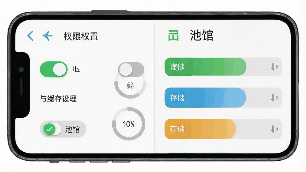 主体为手机屏幕显示权限设置与缓存清理界面,布局为左右分栏左侧权限开关右侧存储条,排版清晰层次分明,风格为扁平化工具类界面风,细节包括绿色对勾、灰色开关与进度环,画质干净高清,图片中文字为“池馆”