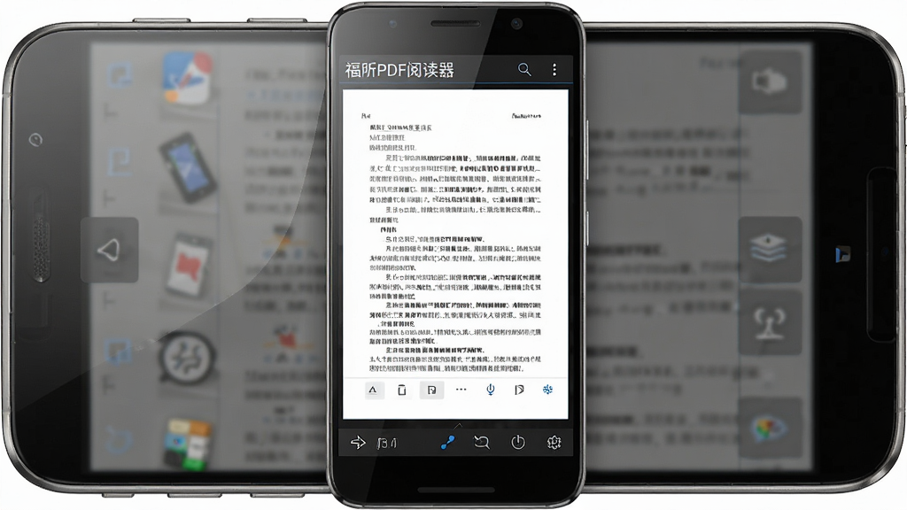 一张展示福昕PDF阅读器在安卓手机上打开PDF文档的界面图,主体为竖屏手机屏幕,屏幕中央显示一页排版整齐的PDF文档内容,顶部有软件名称“福昕PDF阅读器”字样,底部有页码与工具栏图标,布局简洁居中,排版为手机正面视角,风格为写实数码产品展示风,细节包含屏幕反光、边框金属质感、工具栏图标清晰可见,画质高清,干净,无多余元素