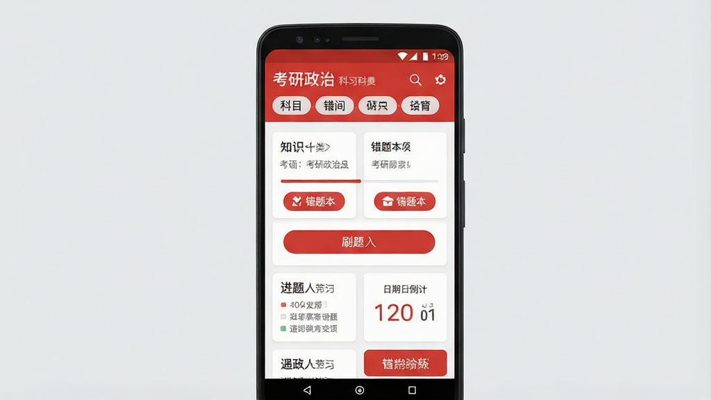 一张手机屏幕正面展示考研政治软件首页的图片,主体为居中竖放的安卓手机,屏幕内呈现红色系学习界面,顶部显示考研政治字样与科目分类标签,中部为知识卡片与刷题入口按钮,布局上下分层清晰,排版整齐留白适中,风格为扁平化教育类应用UI,细节包含进度条、错题本图标与日期倒计时元素,画质清晰干净,背景为浅灰纯色,无多余装饰元素