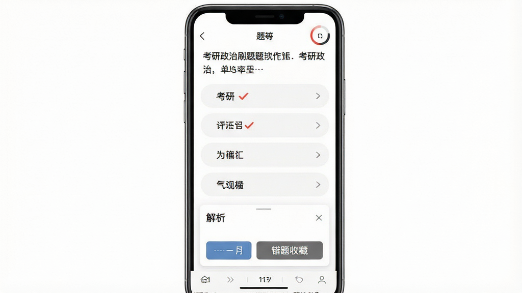 一张展示考研政治软件刷题界面的图片,主体为手机屏幕内一道单选题的作答画面,布局上方为题干文字区域,中部为四个选项按钮呈纵向排列,下方为解析卡片与错题收藏按钮,排版左对齐、层次分明,风格为简洁答题类应用界面,细节包含红色对勾标记、进度环与题号导航条,画质清晰干净,背景为白色,无多余元素