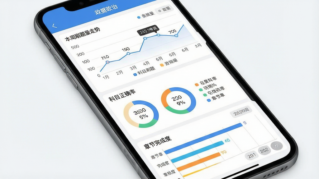 一张展示考研政治软件学习数据统计页面的图片,主体为手机屏幕内折线图与环形进度图组合的数据面板,布局上方为本周刷题量折线走势,中部为各科目正确率环形图,下方为章节完成度横向条形图,排版网格化对齐、留白均匀,风格为数据可视化教育应用界面,细节包含数字标注、图例色块与日期切换标签,画质清晰干净,背景为浅色,无多余装饰