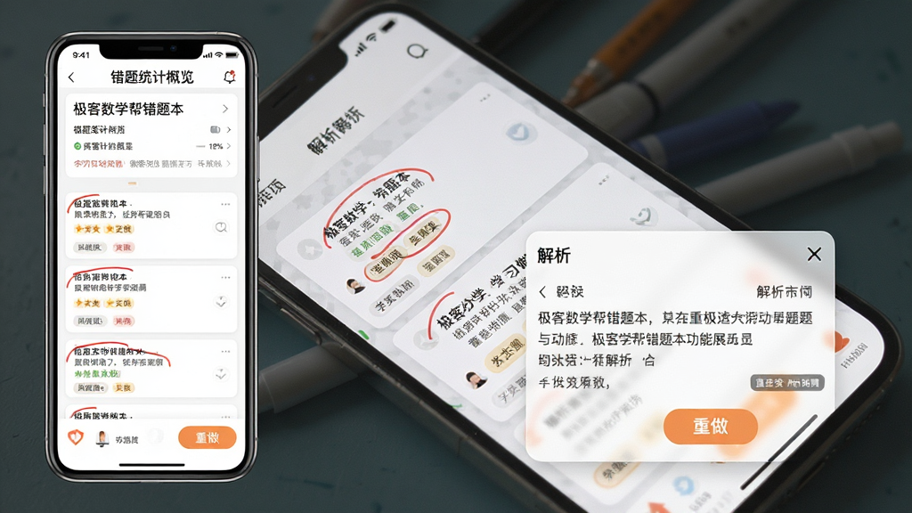 一张极客数学帮错题本功能展示图,主体为手机界面中呈现的错题列表与解析页面,布局上方为错题统计概览、中部为错题卡片列表、下方为解析详情弹窗,排版清晰有序,风格简洁学习类应用质感,细节包含红色标记、分类标签与重做按钮,画质干净无多余元素