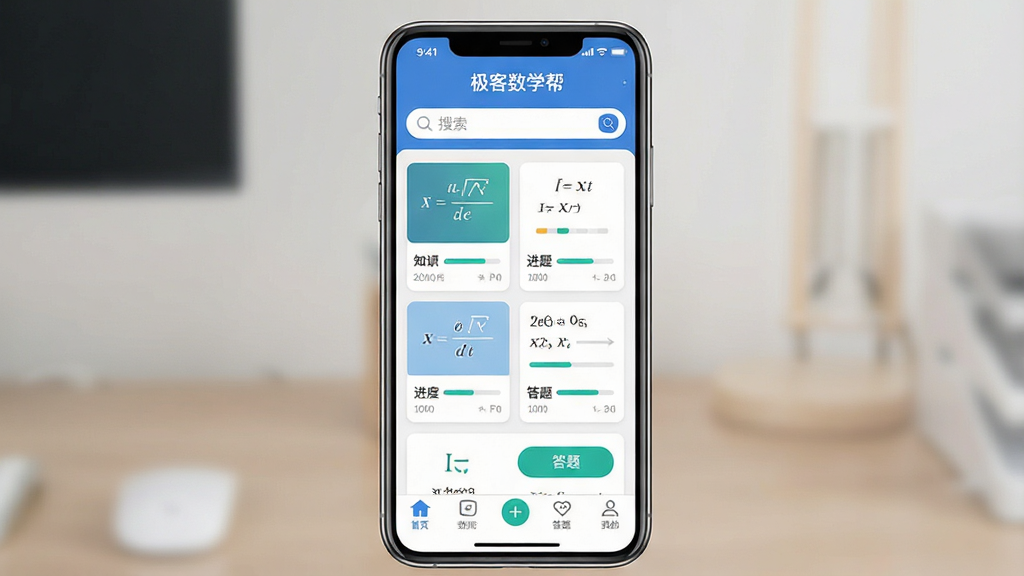 一张展示极客数学帮应用界面的图片,主体为手机屏幕中显示的数学学习软件首页,布局上方为软件名称“极客数学帮”与搜索栏,中部为知识点卡片与习题入口排列,下方为底部导航栏,排版整齐清晰,风格简洁明快、教育类应用质感,细节包含数学公式图标、进度条与答题按钮,画质清晰干净无多余元素