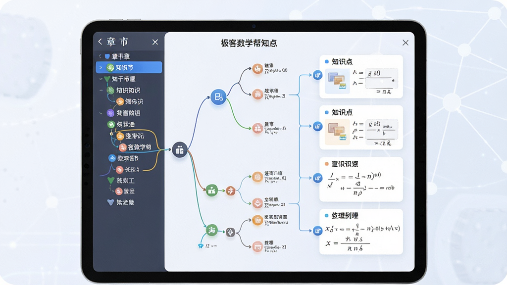 一张极客数学帮知识点梳理功能示意图,主体为平板电脑屏幕中展示的数学知识树状图,布局左侧为章节列表、右侧为知识点卡片与公式展示,排版层次分明,风格教育科技感、浅色背景,细节包含连接线、节点图标与例题缩略框,画质清晰干净无多余元素