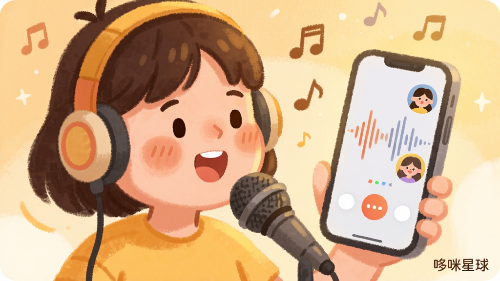 一张表现哆咪星球语音连麦互动的插画,主体为一位戴耳机的年轻用户对着手机麦克风唱歌,手机屏幕中显示声波波形和多个听众头像,布局为用户在左、手机在右的横向构图,风格为温暖的手绘插画风,细节包括音符飘散、柔光背景、圆润的人物造型,画质细腻干净,画面角落标注
