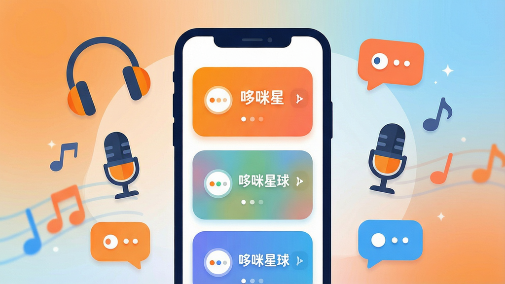 一张展示哆咪星球语音社交场景的插画,画面主体是一部智能手机屏幕,屏幕内呈现多个彩色语音房间卡片,卡片上标注
