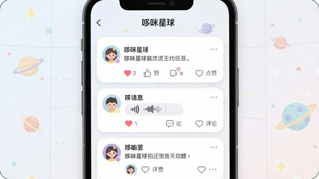 一幅展示哆咪星球社交动态页面的示意图,主体为手机屏幕中的动态信息流,包含用户头像、文字动态、语音条、点赞评论图标,布局为纵向列表排版,风格为清新简约的移动端UI风格,细节包括圆角卡片、淡色背景、清晰的图标层级,画质干净高清,页面顶部带有