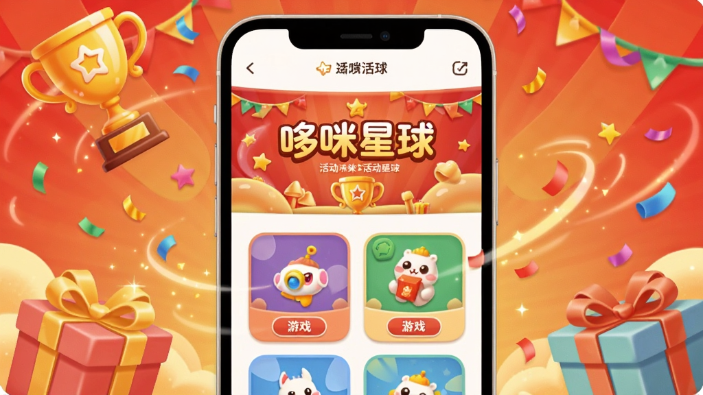 一张表现哆咪星球线上活动场景的插画,主体为手机屏幕中显示活动横幅和游戏玩法卡片,周围有奖杯、礼物盒、彩带等装饰元素,布局为手机居中、装饰元素点缀四周,风格为活泼的节日庆典插画风,细节包括明亮的红金色调、圆润的图标设计、动感的光效,画质清晰干净,画面中带有