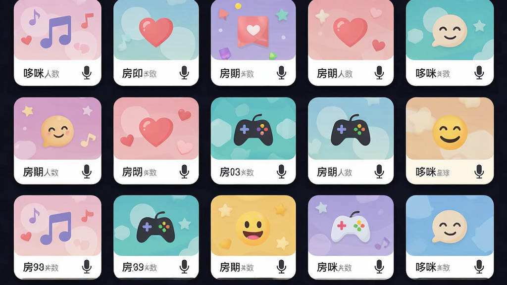 一幅展示哆咪星球多主题语音房间界面的示意图,主体为手机屏幕中排列整齐的语音房间列表,每个房间卡片配有不同的主题图标如音符、爱心、游戏手柄、笑脸,布局为网格状排列,排版清晰有序,风格为现代扁平化UI设计,细节包括房间人数标签、麦克风状态图标、柔和的卡片阴影,画质高清干净,画面中带有