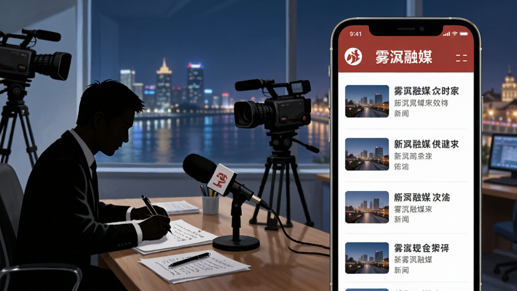 画面主体为新闻编辑室场景,布局左侧为记者写稿剪影右侧为手机屏幕展示“雾凇融媒”新闻列表,排版采用左右对比构图,风格为写实插画风,细节包含麦克风、摄像机与江城夜景背景,画质高清干净无多余元素