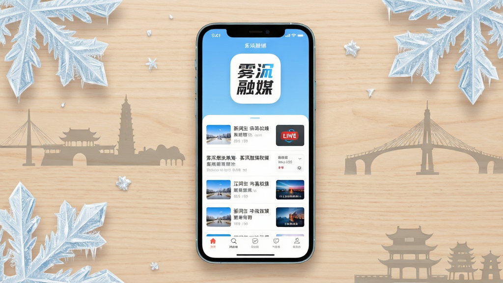 主体为一部竖屏智能手机,屏幕中央显示“雾凇融媒”应用首页界面,包含新闻列表与直播入口,布局为手机居中放置于浅色木质桌面,排版上方留白突出应用图标,风格为清新现代扁平化设计,细节包含雾凇冰晶装饰元素与江城地标剪影,画质清晰干净无多余元素