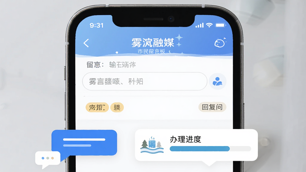 主体为手机界面展示“雾凇融媒”市民留言板功能,布局为手机屏幕特写占据画面中心,排版下方配以对话气泡与办理进度条图标,风格为简洁UI展示风,细节包含留言输入框与部门回复标签,画质清晰干净无多余元素