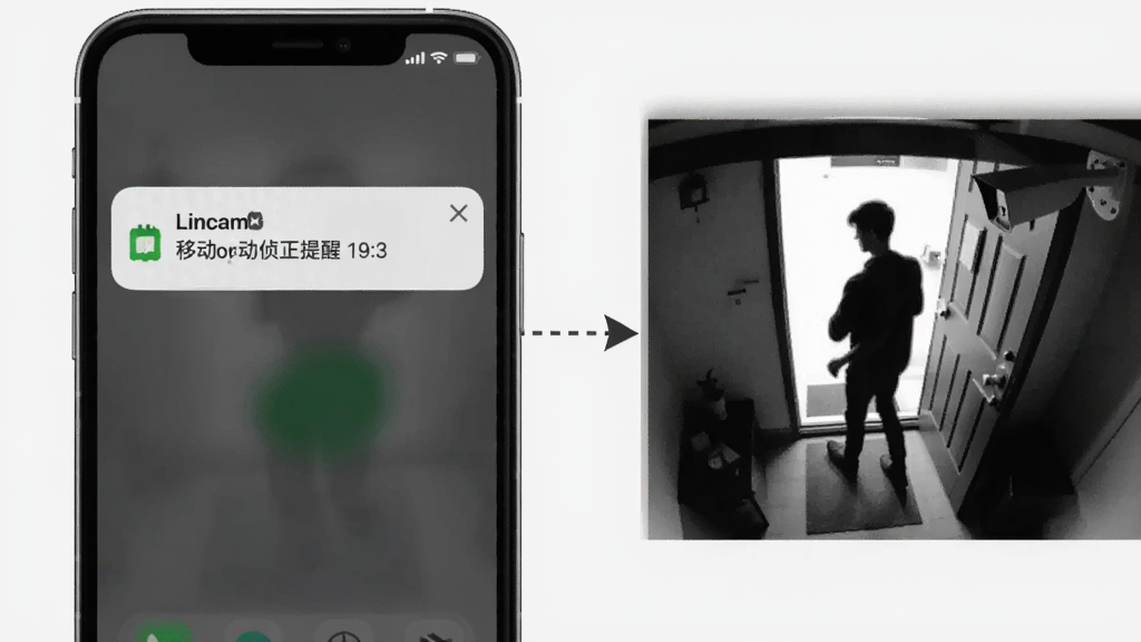画面左侧为手机弹出Lincam移动侦测提醒通知,右侧为监控摄像头拍摄到的门口有人经过的画面,中间用虚线箭头连接,布局左右呼应,风格为信息图插画,细节包括通知卡片、人物剪影、时间戳,画质清晰,背景浅色干净,无杂乱元素