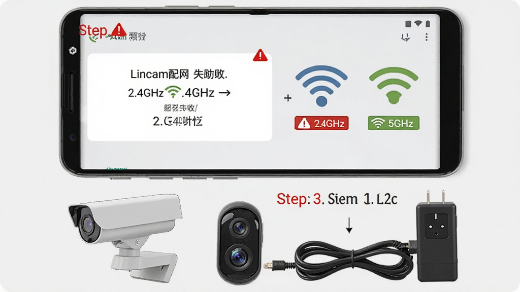 画面为一部安卓手机显示Lincam配网失败提示界面,旁边有2.4GHz与5GHz WiFi图标对比,手机下方放置监控摄像头与电源适配器,布局上下结构,风格为教程示意图,细节包括红色警示标识、WiFi频段标签、步骤序号,画质清晰,背景浅灰干净