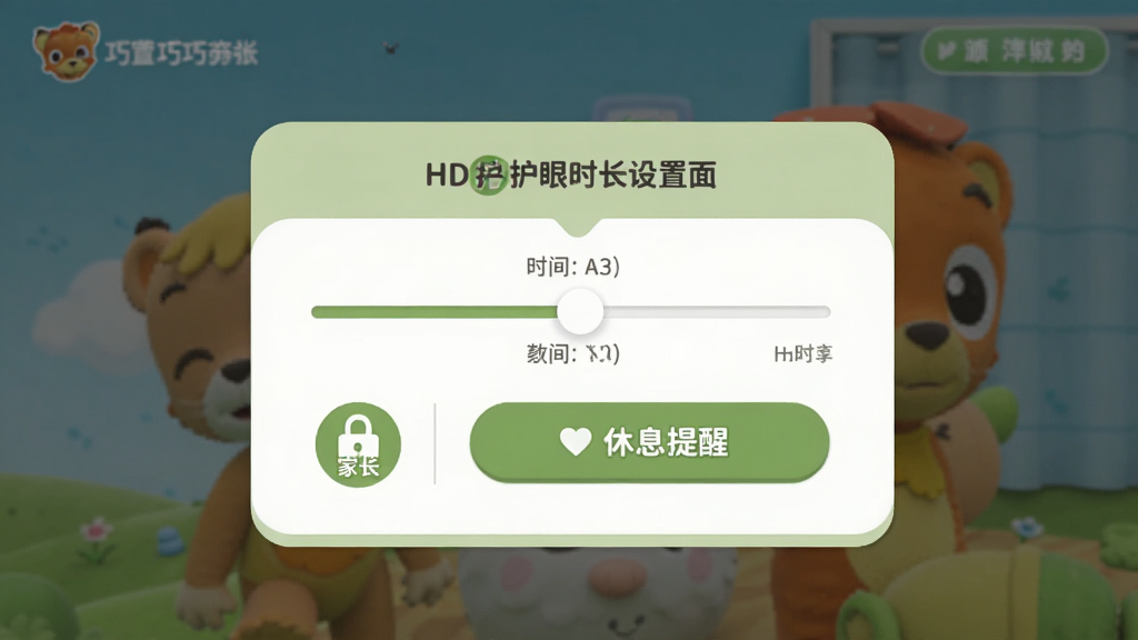 主体为巧虎官方HD护眼时长设置页面,布局为居中卡片式设置面板,排版简洁明了,风格为清新浅绿护眼色调,细节包含时长滑块、家长锁图标、休息提醒按钮,画质干净无多余元素