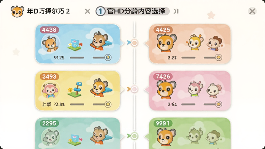 主体为巧虎官方HD分龄内容选择界面,布局为纵向时间轴排列不同年龄段卡片,排版清晰有序,风格为柔和浅色系儿童教育风,细节包含年龄标签、主题图标、进度标识,画质干净清晰无多余元素