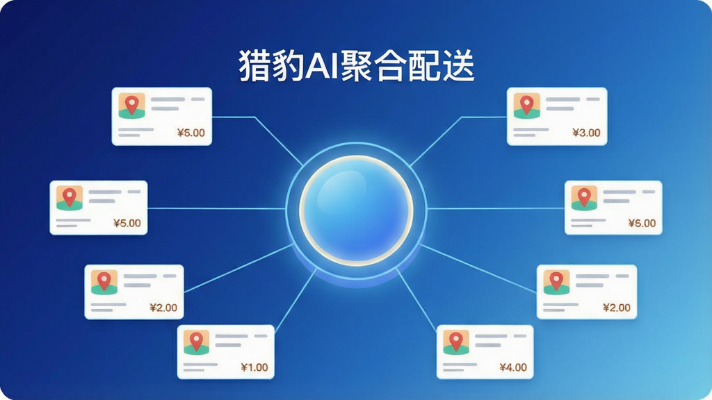 一张表现“多平台订单聚合”概念的图片,画面中央是一个发光的圆形枢纽节点,周围伸出多条细线连接着若干小型订单卡片图标,每张卡片上带有简化的地址与价格符号,枢纽节点正上方用简洁字体写着“猎豹AI聚合配送”,整体为深蓝到浅蓝渐变背景,扁平插画风格,构图对称,细节清爽,画质干净无杂乱元素