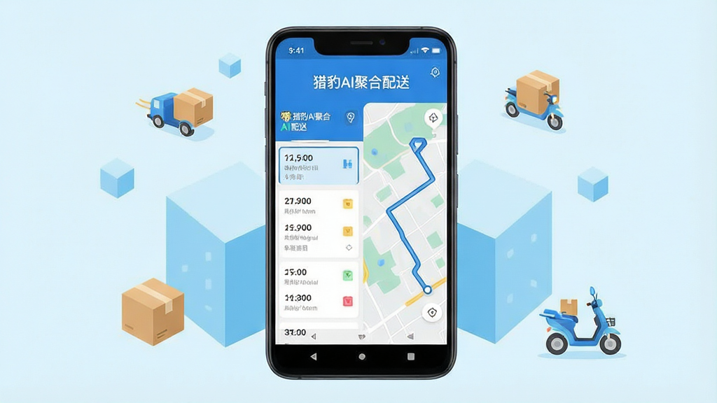 一张展示猎豹AI聚合配送手机应用界面的竖版图片,画面主体是一部居中摆放的安卓手机,屏幕内呈现订单列表与地图路线双区域布局,上方显示“猎豹AI聚合配送”字样,手机周围以浅蓝色几何色块和配送箱、电动车小图标做点缀,整体采用扁平化科技风格,配色以蓝白为主,细节干净利落,画质清晰,背景纯色无多余元素