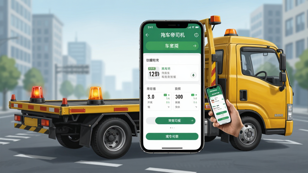 主体为一辆黄色平板拖车停在城市道路旁,司机手持手机查看订单,布局为手机屏幕居中放大展示接单界面,排版采用上下分层结构,风格为写实商业插画,细节包含道路、救援警示灯、手机界面元素,画质清晰干净无多余元素,画面中标注文字“拖车帝司机”