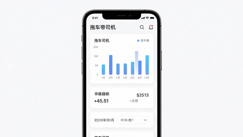 主体为手机展示收入统计页面,布局为手机居中配数据图表,排版为卡片式信息展示,风格为现代简约数据可视化,细节包含柱状图、金额数字、日期筛选,画质清晰干净无杂乱背景,画面文字“拖车帝司机”