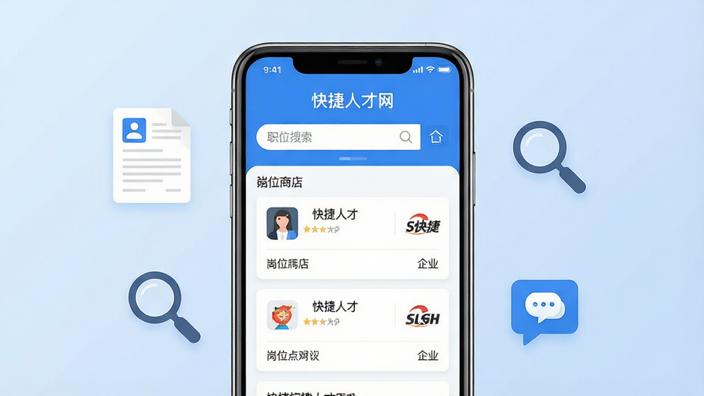 手机应用商店展示页面风格,画面中央是一部竖屏智能手机,屏幕内显示“快捷人才网”蓝色招聘APP首页界面,包含职位搜索框、岗位列表卡片和企业logo图标,手机两侧漂浮着简历图标、放大镜图标和对话气泡图标,背景为浅蓝渐变纯色,整体排版简洁居中,风格现代扁平化UI设计,细节清晰,画质干净,无多余元素