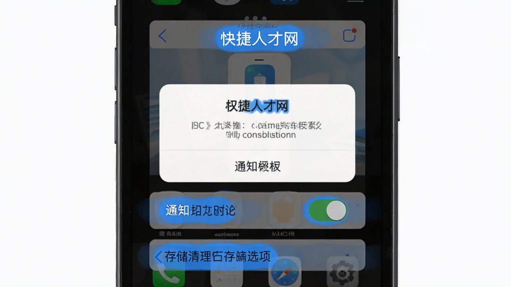 手机屏幕录制风格示意图,画面展示“快捷人才网”APP安装向导界面,包含权限授权弹窗、通知开关按钮和存储清理选项,界面元素以蓝色高亮标注,背景为深色手机桌面,布局为竖屏单列排版,风格写实UI截图感,细节清晰,画质干净,无多余元素