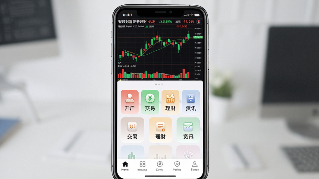 手机屏幕中展示智越财富证券理财应用主界面,上方为红绿相间的股票行情K线图与指数数据,中部为功能图标网格包含开户、交易、理财、资讯等模块,下方为导航栏,背景为浅色渐变,整体风格简洁商务,画面干净,高清画质,无多余元素