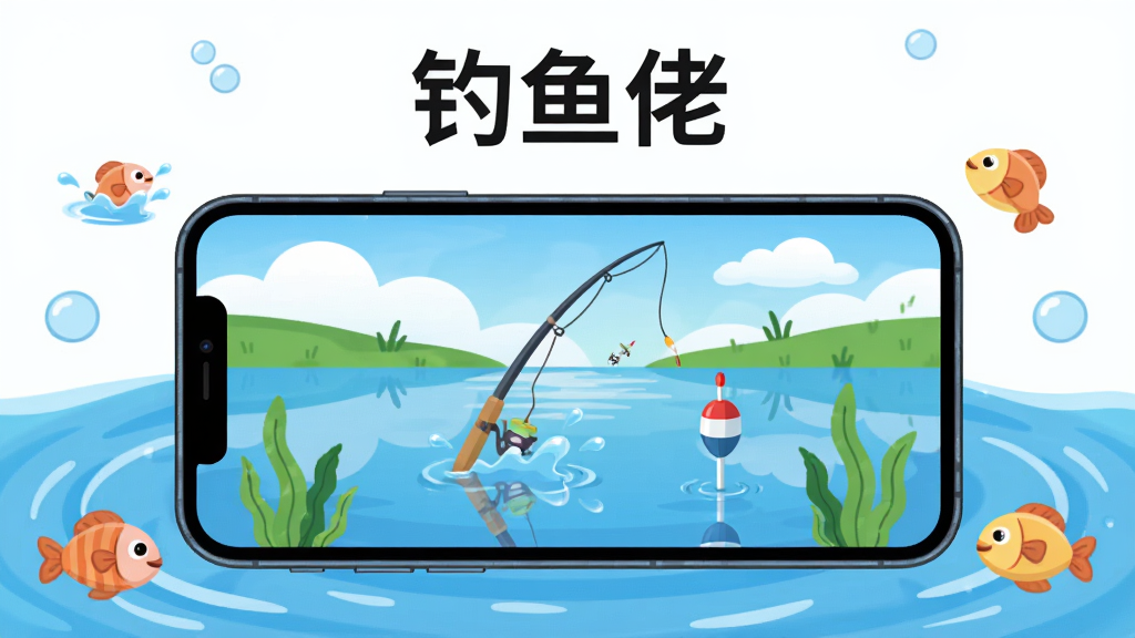 主体为一部横向放置的智能手机,屏幕中展示“钓鱼佬”软件主界面,有湖泊、鱼竿和漂浮的浮标;布局为手机居中,周围环绕水波纹与卡通鱼类元素,上方留白放置软件名称“钓鱼佬”;排版简洁居中,风格为清新卡通扁平化,细节包括浮标水花、绿色水草、蓝天白云倒影;画质清晰干净,无多余元素