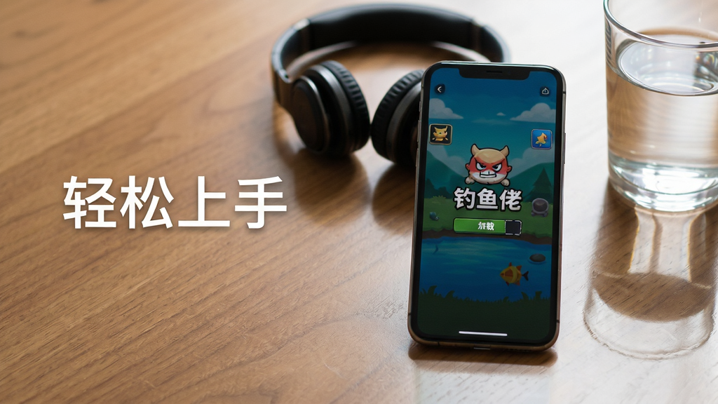 主体为一部手机屏幕显示“钓鱼佬”游戏加载界面,旁边放着一副耳机和一杯水;布局为手机居中偏右,左侧留白放置简洁文字“轻松上手”;排版为左右分栏式;风格为生活化静物摄影风;细节包括手机边框反光、桌面木纹、水杯倒影;画质清晰干净,无多余元素