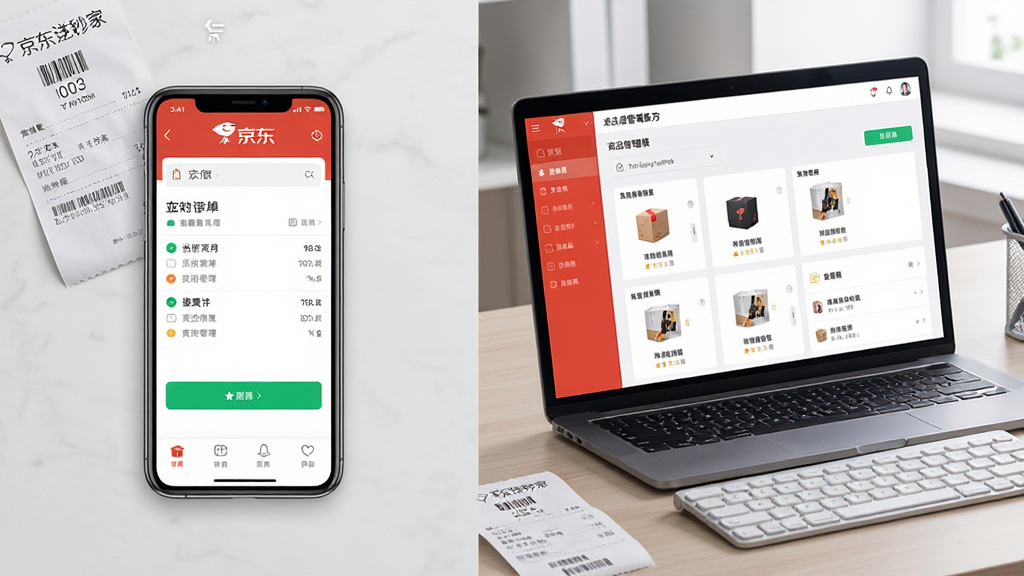 主体为京东秒送商家应用在手机与电脑双端协同使用的场景,布局为左侧手机显示接单界面、右侧笔记本显示商品管理后台,排版为左右并列对比,风格为现代办公写实风,细节为桌面有订单小票与键盘、屏幕内容清晰可辨,画质高清、干净、无多余元素