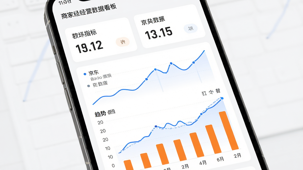 主体为京东秒送商家经营数据看板界面,布局为手机屏幕展示折线图与数字卡片组合,排版为上方指标卡、下方趋势图,风格为简约数据可视化风,细节为蓝色折线与橙色柱状图对比、数字清晰可读,画质高清、干净、无多余元素