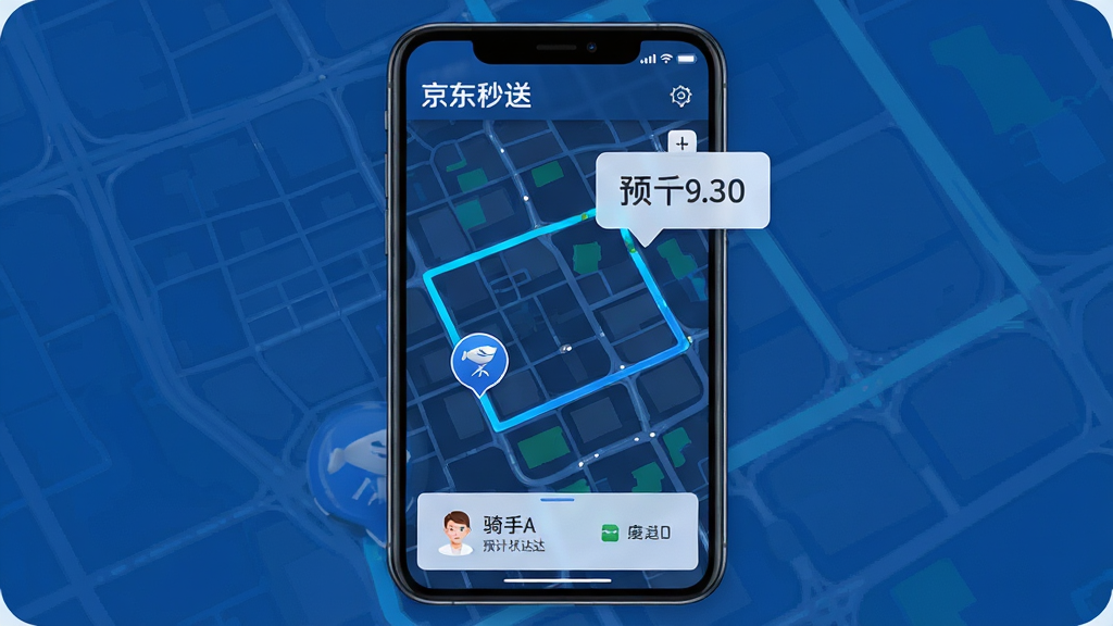 主体为京东秒送商家配送调度地图界面,布局为手机屏幕显示地图与配送路线,排版为地图为主视觉、底部浮层显示骑手状态,风格为科技蓝写实风,细节为路线高亮、骑手图标与预计送达时间气泡,画质高清、干净、无多余元素