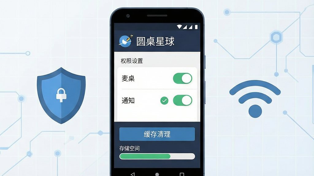 一张展示圆桌星球移动端使用技巧的示意图,画面主体为一部安卓手机,手机屏幕分为三个区域,上方为“圆桌星球”文字标识和网络状态图标,中间为权限设置界面截图样式展示麦克风与通知开关,下方为缓存清理按钮和存储空间进度条,手机旁边配有盾牌安全图标和WiFi信号图标,背景为浅色科技感网格,风格为扁平化信息图,布局上下分层清晰,细节包括开关按钮、进度条、对勾图标,画质干净高清,无多余元素