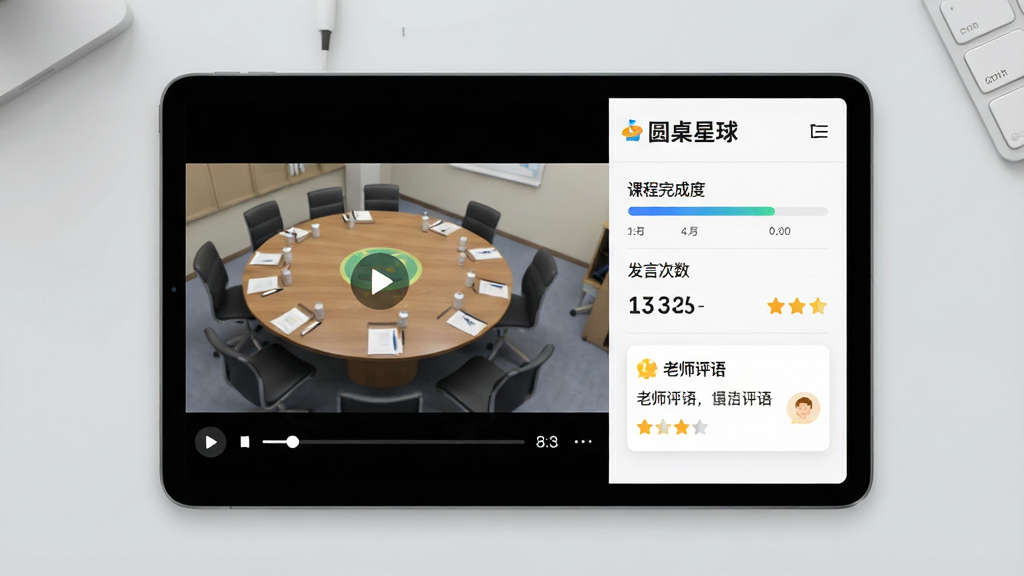 一张展示圆桌星球课程回放与学习记录功能的界面示意图,画面主体为一部横屏平板设备,屏幕上左侧为课堂回放视频窗口,右侧为学习记录面板,面板中包含“圆桌星球”文字标识、课程完成度进度条、发言次数统计和老师评语卡片,背景为浅灰色桌面环境,风格为简洁UI展示图,布局左右分栏清晰,细节包括播放按钮、时间轴、星级评分图标,画质干净高清,无多余装饰
