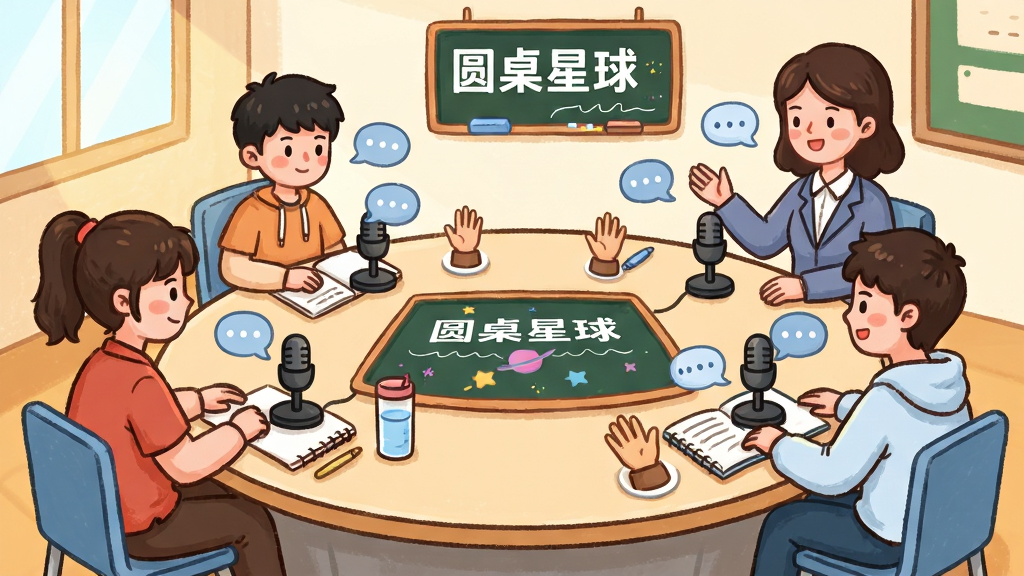 一张展示圆桌星球小班直播课堂场景的插画,画面主体为一张圆形讨论桌,桌旁坐着四到五名青少年学生和一位引导老师,每人面前有麦克风图标和发言气泡,桌面上方悬浮着“圆桌星球”文字标识和话题讨论板,背景为明亮的教室环境,风格为温暖卡通插画,布局围绕圆桌展开,细节包括笔记本、水杯、举手图标,画质干净清晰,无多余元素