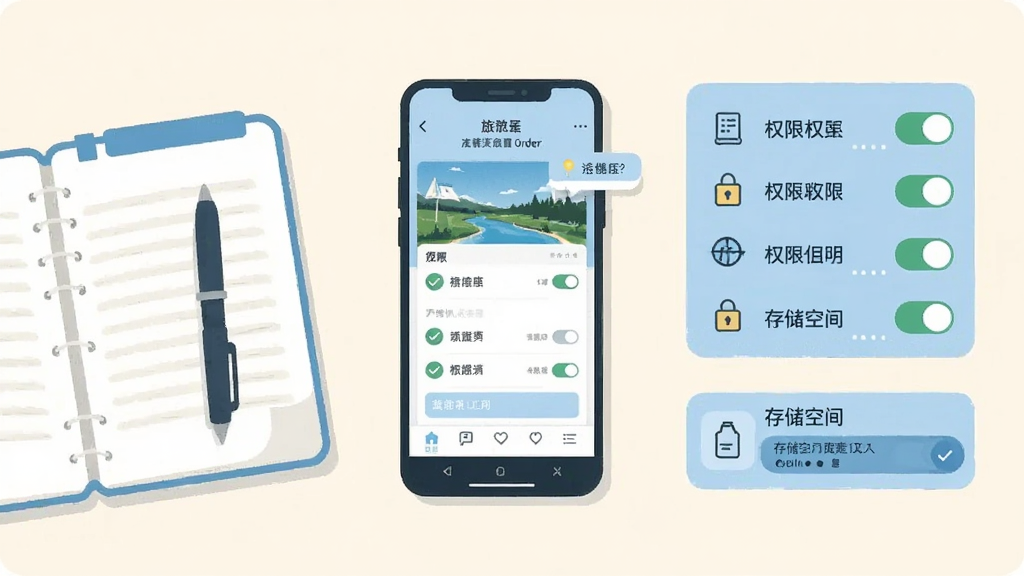 一部手机平放在桌面上,屏幕显示旅游应用订单页面,旁边摆放记事本与笔,画面右侧以图标形式列出权限开关与存储空间提示条,整体风格为清爽扁平插画,配色浅蓝与米白,细节包含勾选标记与提示气泡,排版居中,画质清晰干净,无多余元素