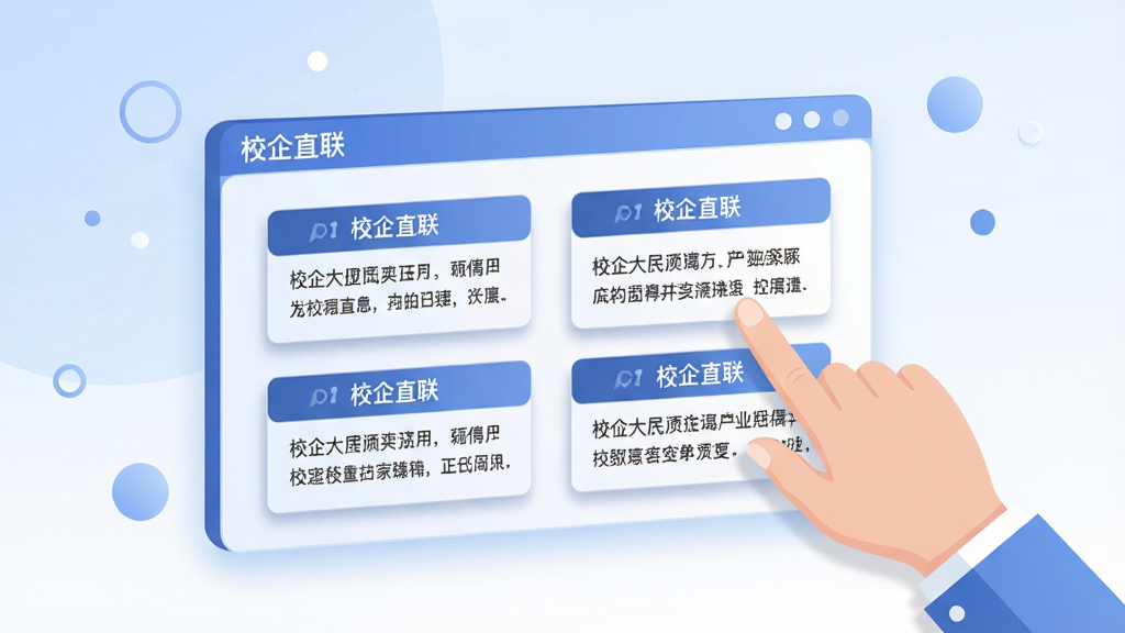 主体为一块悬浮的信息面板,面板上整齐排列多张岗位卡片,每张卡片含标题条与两行说明文字,卡片边缘带轻微投影;面板右侧伸出一只手指正在点击其中一张卡片,动作自然;背景为浅蓝到白色的柔和渐变,点缀少量几何圆点;风格为现代扁平插画,排版规整,细节克制,画质清晰干净,无多余元素,画面中可出现“校企直联”字样的标签
