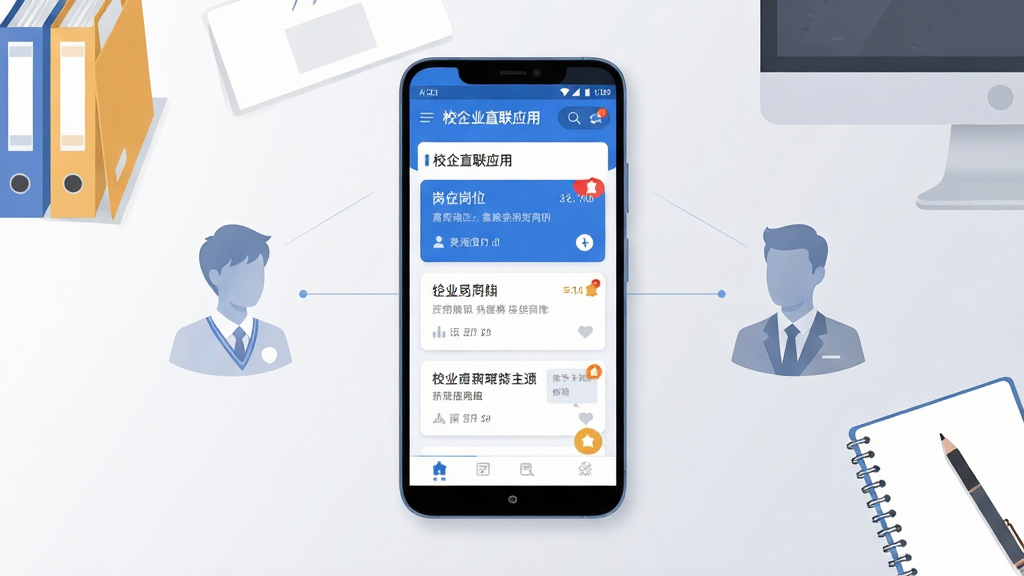 主体为一部竖屏安卓手机居中放置,屏幕内展示蓝白色调的校企直联应用主界面,包含岗位列表卡片与消息提醒角标;手机两侧分别布置半透明的人物剪影代表学生与企业人员,以细线连接形成三方协同的视觉隐喻;背景为浅灰渐变的工作台面,摆放文件夹与笔记本作为点缀;整体风格为清爽扁平化插画,构图居中留白充足,细节简洁,画质清晰干净,无多余元素