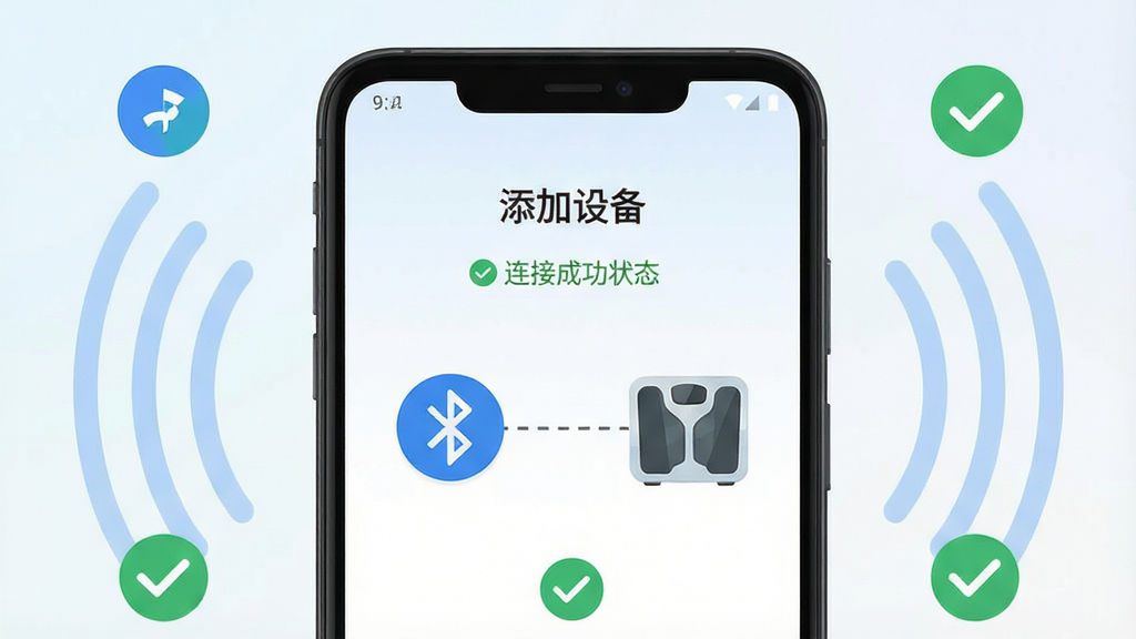 画面主体为一部安卓手机屏幕特写,屏幕上显示好体知应用设备绑定引导页面,页面中有蓝牙图标与体脂秤图标通过虚线连接,布局为居中对称构图,手机居中放置,周围环绕蓝牙信号波纹与对勾图标,风格为扁平化UI示意图风,细节包括页面文字为