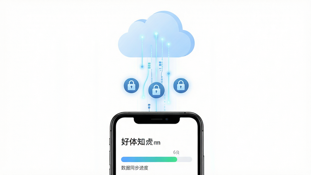 画面主体为一部手机与云端服务器之间的数据流示意,手机屏幕显示好体知应用的数据同步进度条,云端图标位于画面上方,布局为上下垂直结构,手机在下、云朵在上,中间用发光的数据线连接,风格为简洁科技示意图风,细节包括数据线上有锁形图标表示加密、云朵为淡蓝色、背景为纯白,画质干净利落,画面无多余装饰