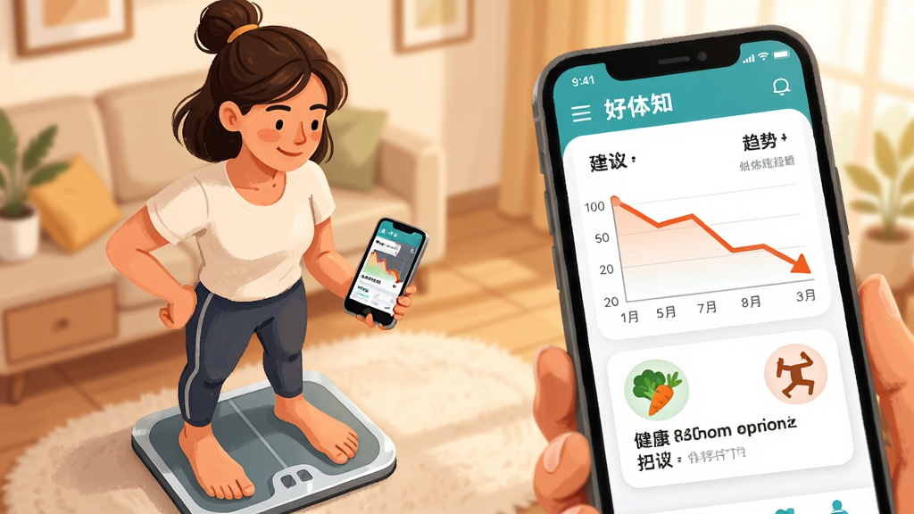 画面主体为一名年轻女性站在智能体脂秤上低头查看手机,手机屏幕显示好体知应用的趋势折线图与健康建议卡片,布局为人像居左、手机屏幕特写居右,风格为温暖生活化的插画风,细节包括折线图呈现下降趋势、建议卡片上有蔬菜和运动图标、人物表情轻松自信、背景为居家客厅的柔和色调,画质细腻干净,画面无多余文字堆砌