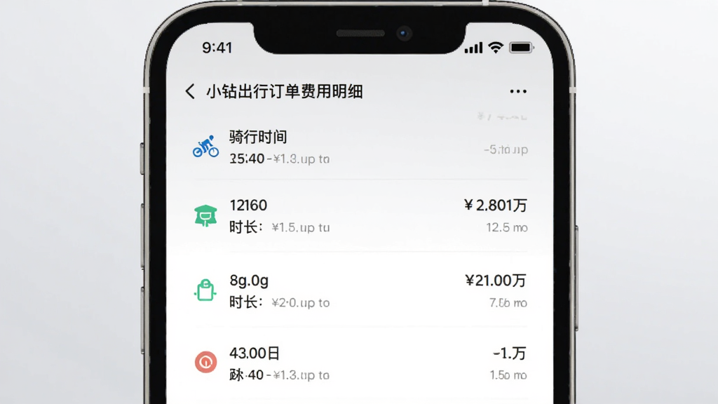 主体为手机界面展示小钻出行订单费用明细列表,包含骑行时间、时长、费用分项等文字信息,布局为手机屏幕居中,背景为浅灰色渐变,排版整齐分栏清晰,风格为简约商务信息展示风,细节包含金额数字、时间戳、分项图标,画质干净无多余元素