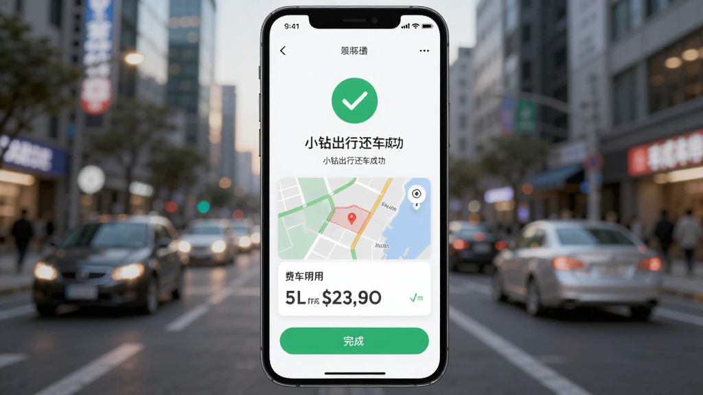 主体为手机屏幕显示小钻出行还车成功提示页面,布局为手机居中,背景为城市街景虚化,排版突出绿色对勾图标与费用信息,风格为清新扁平化界面风,细节包含还车区域地图、费用金额、完成按钮,画质干净无多余元素