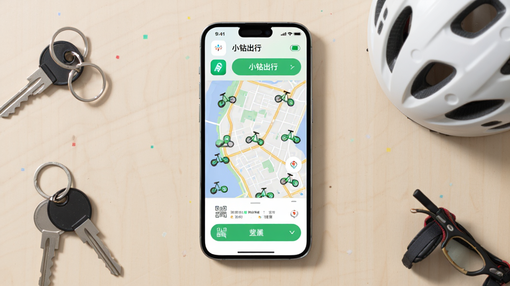 主体为一部智能手机屏幕显示小钻出行应用首页地图界面,地图上分布多个绿色电单车图标,布局为手机居中放置于浅色桌面,周围有钥匙、头盔等出行元素点缀,排版简洁清晰,风格为现代扁平化UI展示风,细节包含应用图标、扫码按钮、电量标识等元素,画质高清干净无多余元素