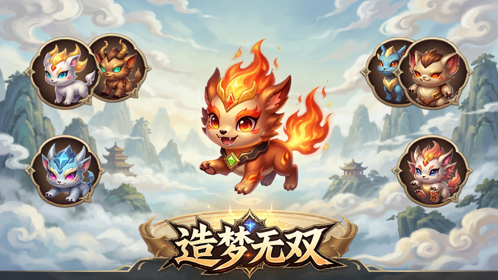 游戏宠物系统展示画面,画面中央是一只可爱的火焰小兽宠物悬浮在空中,周围环绕着几只不同形态的宠物图标,背景为古典仙侠风格的云海场景,画面下方有