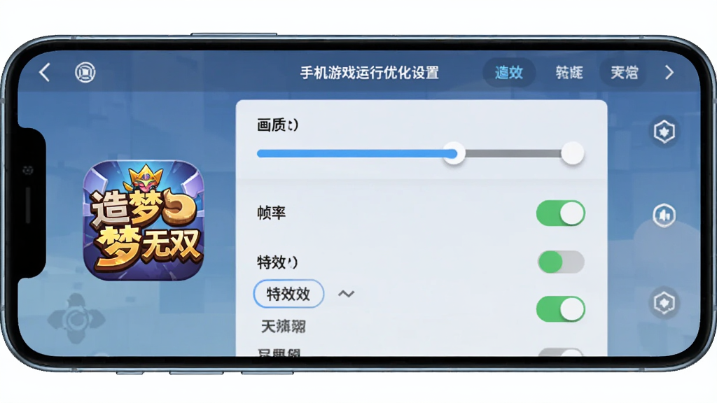 手机游戏运行优化设置界面示意图,画面展示一部智能手机屏幕上的游戏设置菜单,包含画质调节滑块、帧率选项、特效开关等界面元素,旁边有