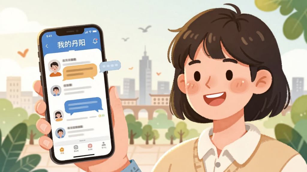 画面主体为一位手持手机微笑的年轻用户,手机屏幕显示