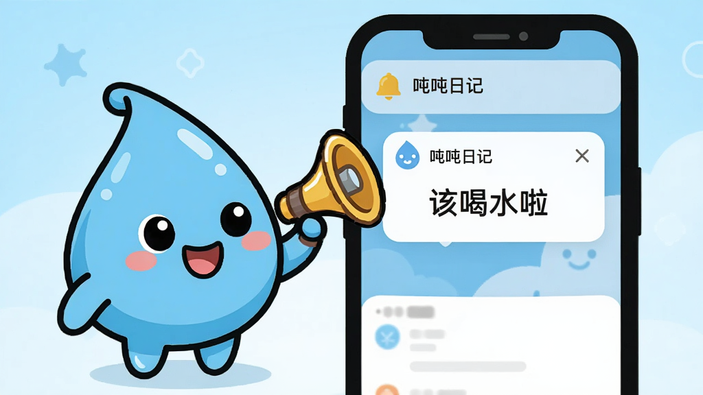 画面主体为一只卡通风格的水滴精灵手持小喇叭,站在手机通知栏旁做出提醒动作;布局为左侧水滴精灵、右侧手机屏幕显示