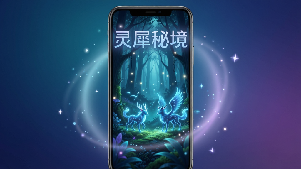 画面中央放置一部竖屏智能手机,手机屏幕内呈现幽深森林与发光灵兽的奇幻场景,屏幕上方悬浮半透明文字“灵犀秘境”,手机四周环绕柔和光晕与细碎星点,整体采用深蓝与青紫渐变色调,布局为居中对称构图,风格为现代数字艺术与轻奇幻结合,细节包括屏幕内层次分明的植被、光斑与粒子效果,画质清晰干净,无多余装饰元素